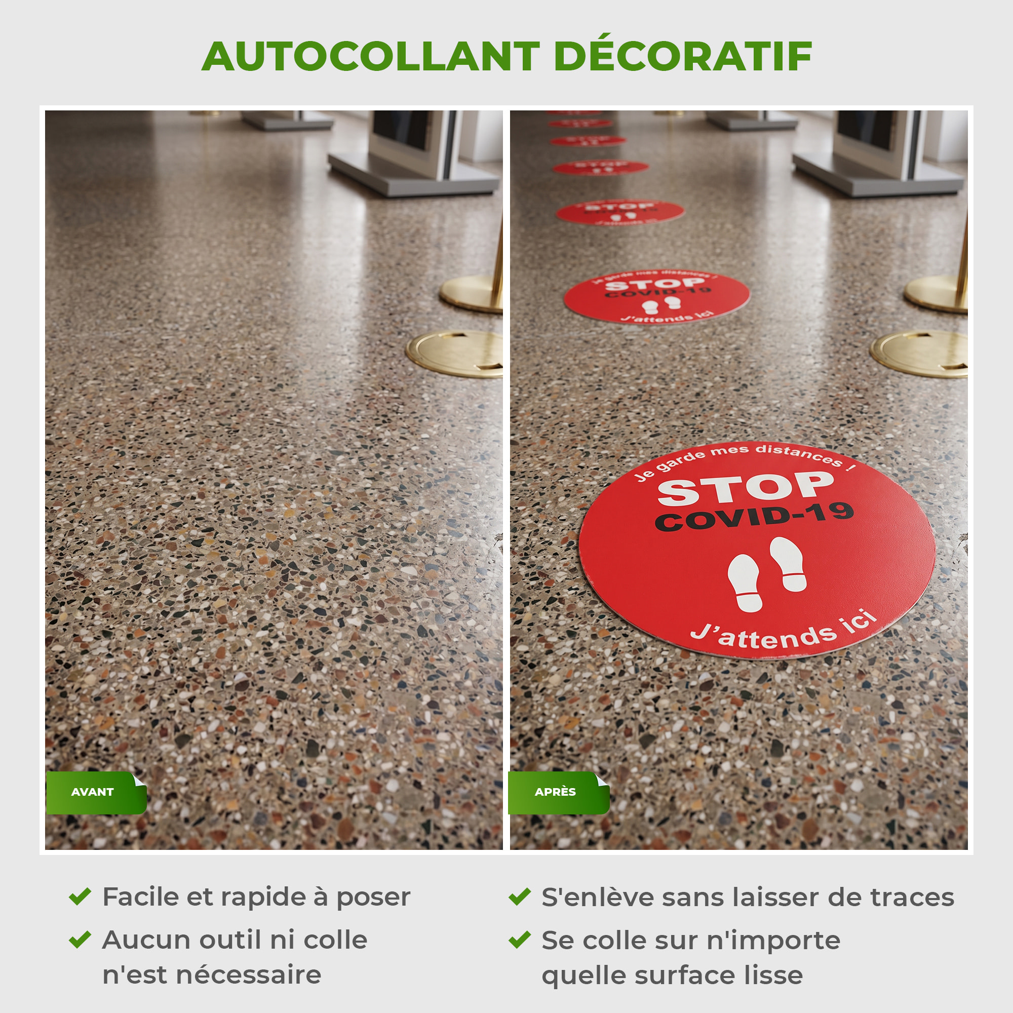 Sticker Sol avec laminat de Protection en Plastique Anti-dérapant | Stickers adhésif Sol - SOL STOP COVID-19 - 1 sticker