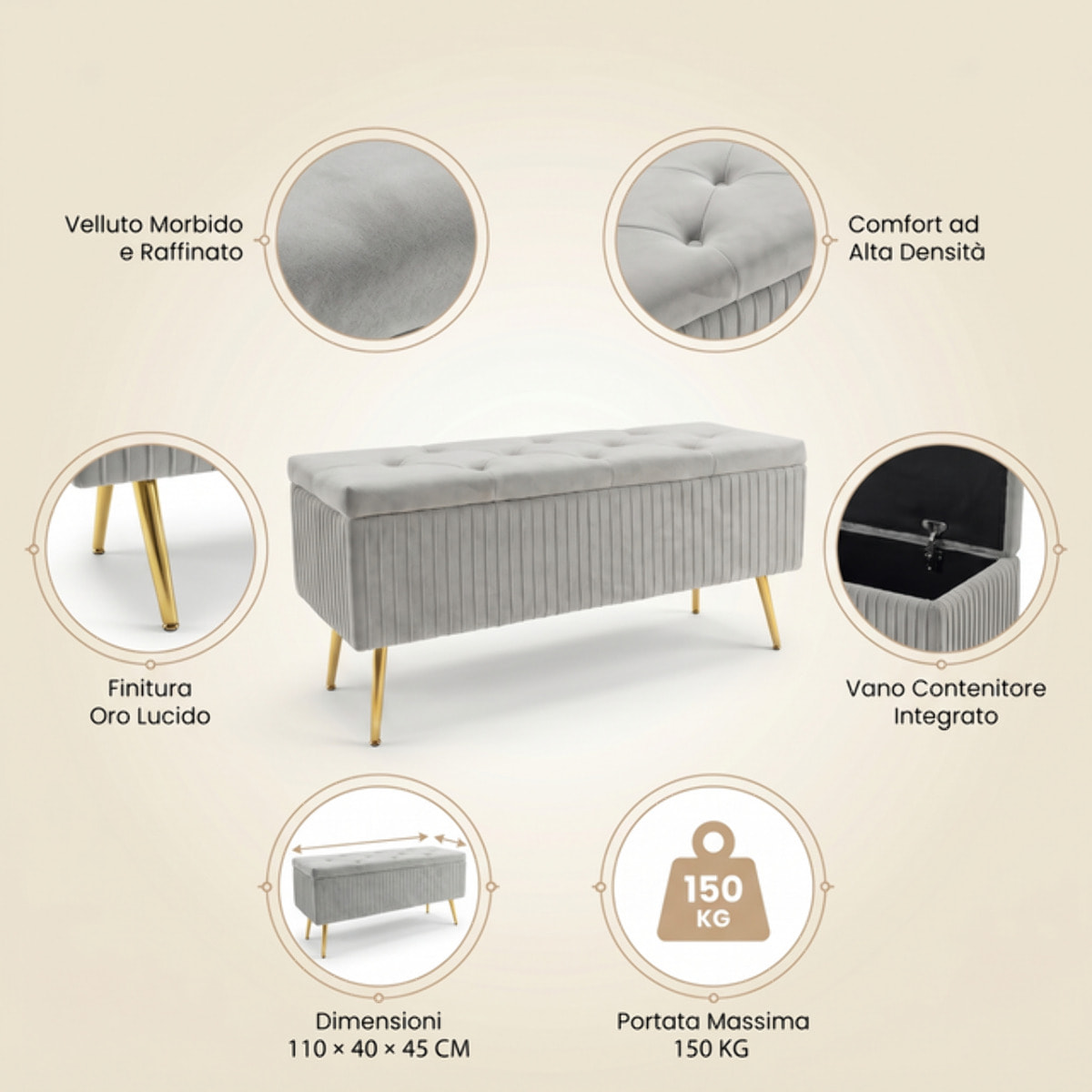Panca Contenitore in Effetto Velluto a Coste con Ampio Vano Contenitore, Seduta Imbottita e Gambe in Acciaio, Design Moderno per Camera da Letto, Ingresso e Soggiorno