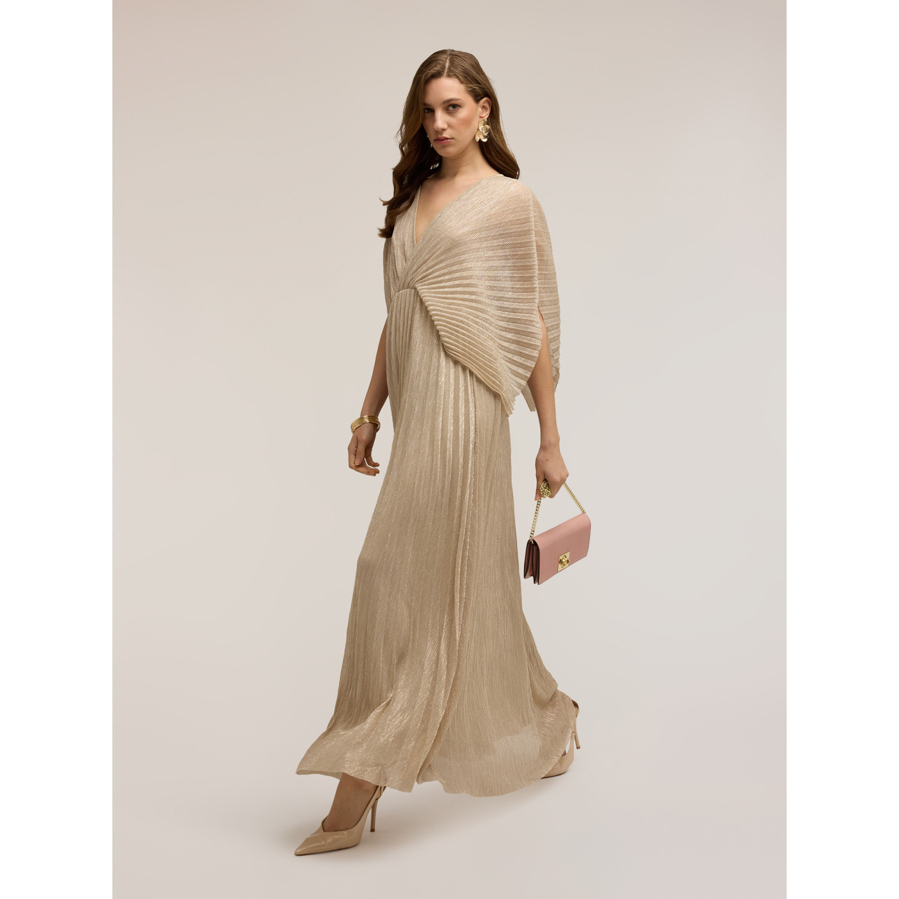 Motivi - Vestito lungo plissé metallizzato - Beige