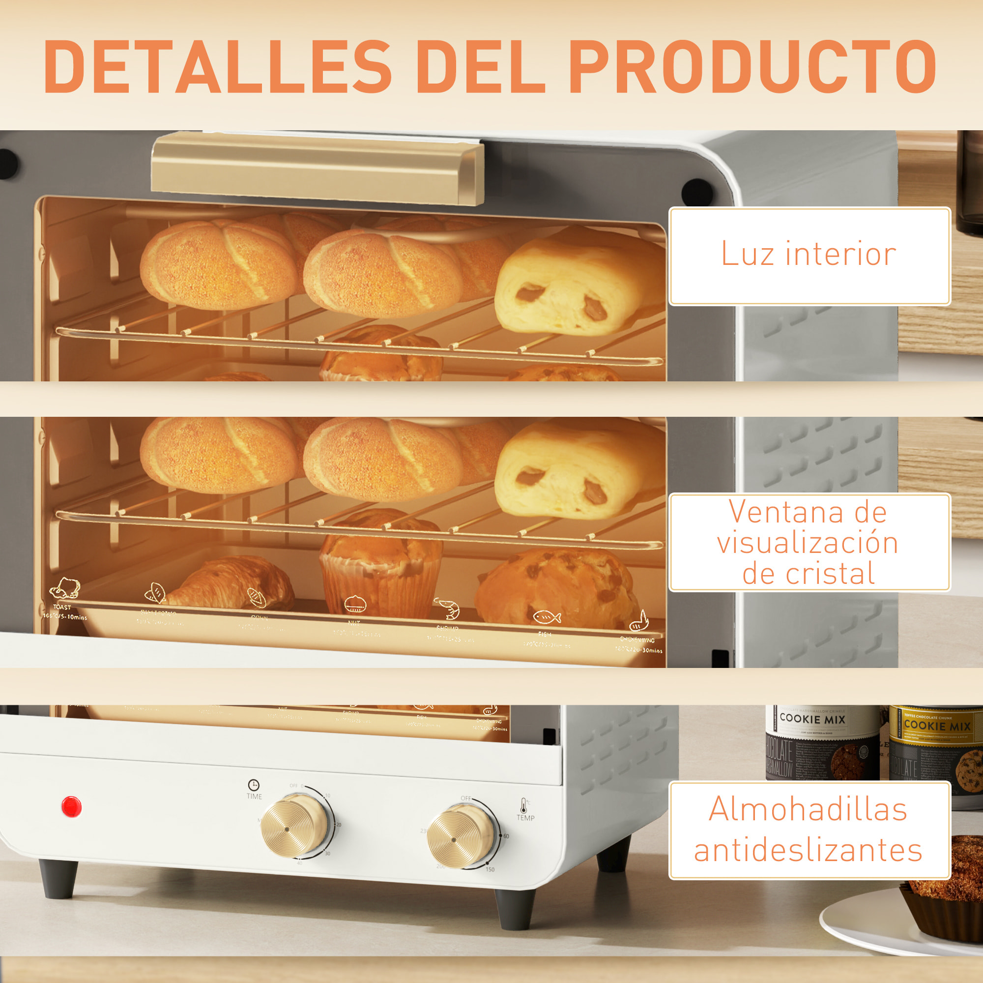 Horno Eléctrico de Sobremesa Horno Sobremesa de 12L 750W Horno Eléctrico con Puerta de Vidrio Temporizador y Temperatura Ajustables hasta 230℃ Blanco