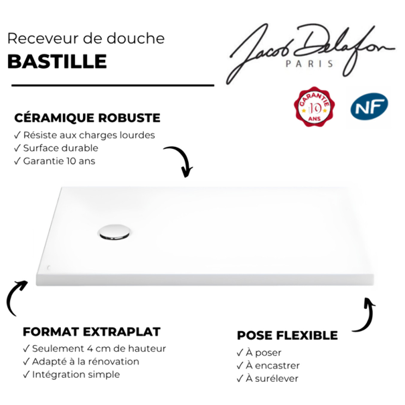 Receveur de douche 80 x 80 cm Bastille céramique