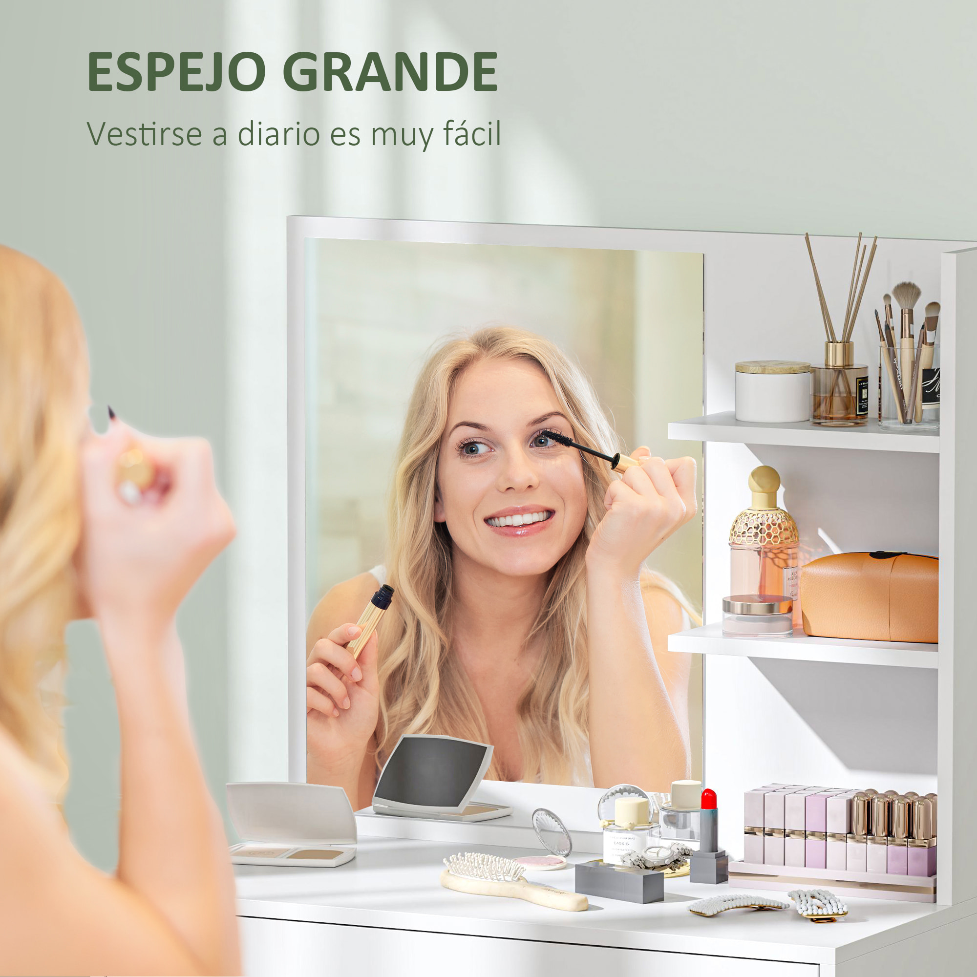 Tocador de Maquillaje con Espejo Mesa de Maquillaje con Cajón y Estantes Abiertos Tocador para Dormitorio Salón Blanco