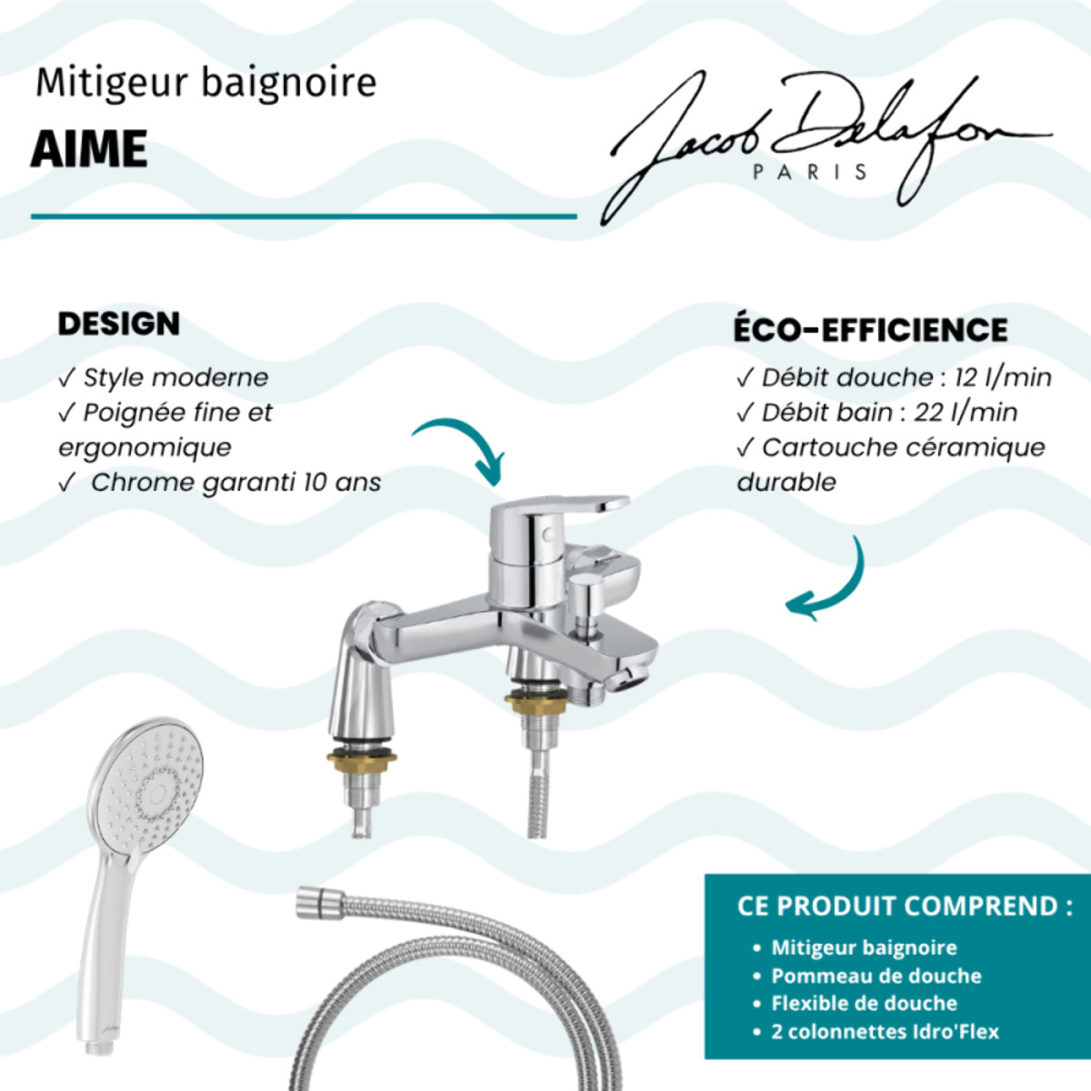 Mitigeur baignoire Aimé + pommeau de douche Juliette + flexible de douche métal + colonnettes Idro'Flex