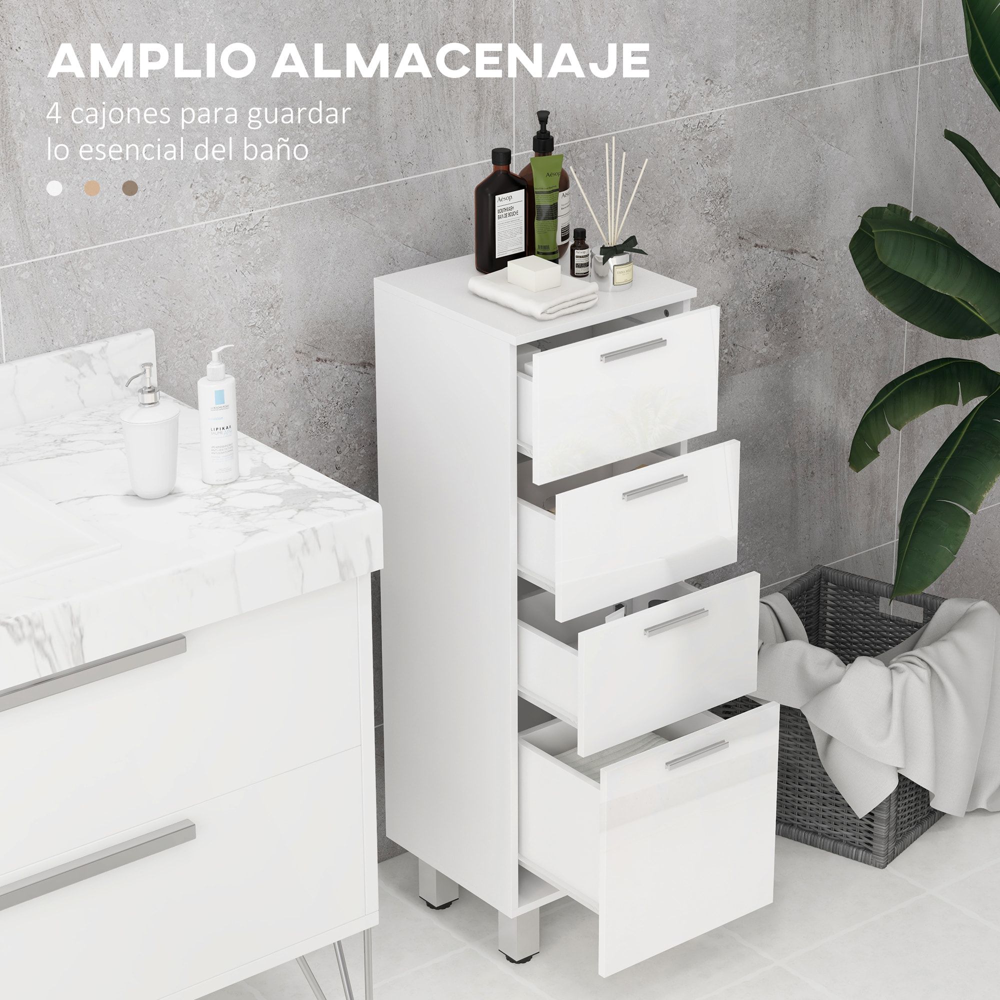 Mueble Auxiliar Baño Moderno Armario de Baño con 4 Cajones y 4 Patas Mueble de Almacenaje para Salón Dormitorio Antivuelco Carga 30 kg 30x30x93 cm Blanco Brillante