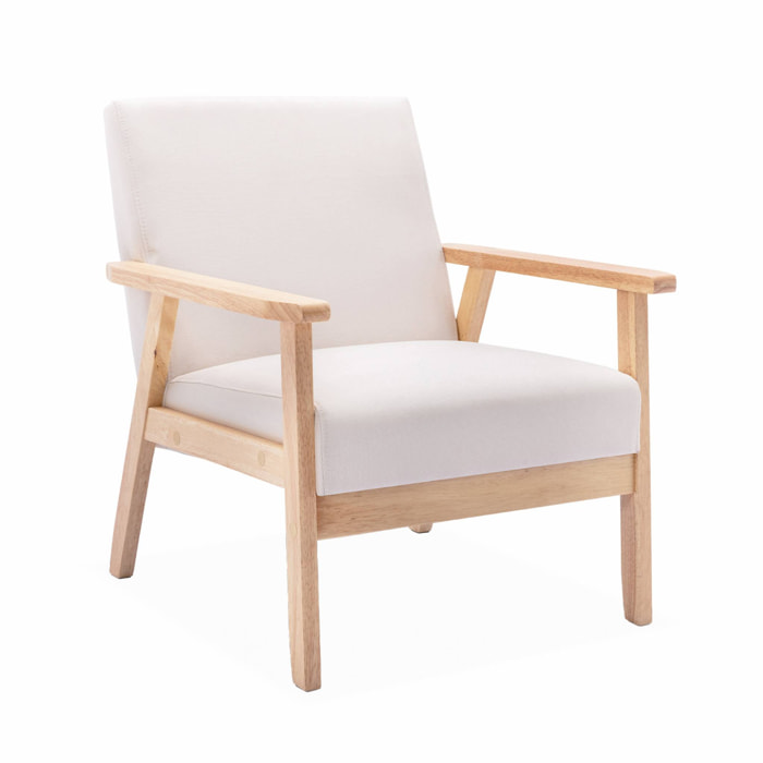 Fauteuil scandinave en bois et tissu crème. Isak. L 64 x P 69.5 x H 73cm