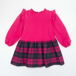 Vestido combinado punto roma con volantes y cuadros verdes y fucsia