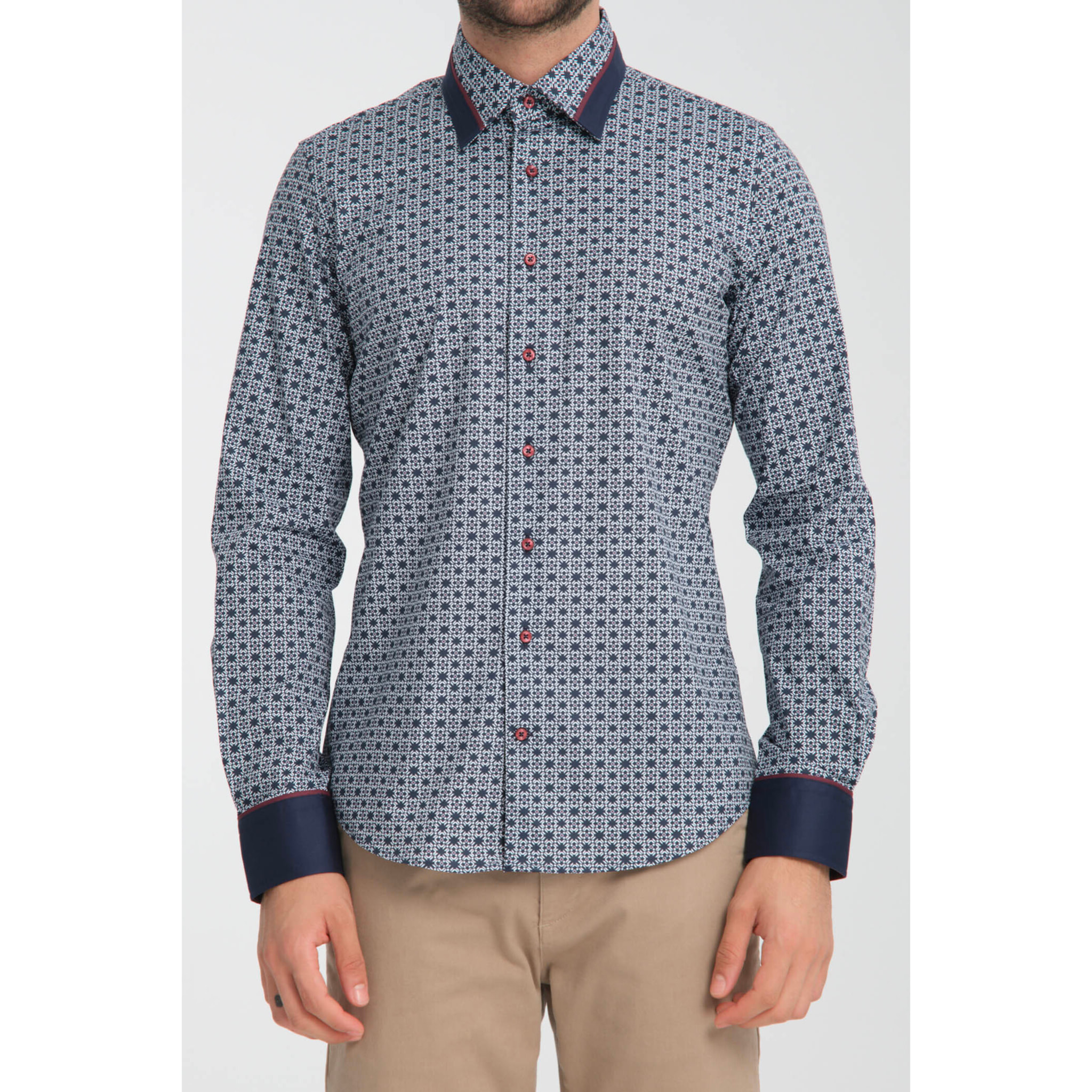 Camicia Uomo Italiano Slim Popeline Stretch Stampato Blu\Bianco