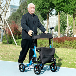 Andador para Ancianos Plegable de Aluminio Andador para Personas Mayores con Asiento y 4 Ruedas Andador con Altura Ajustable Frenos de Maneta y Bolsa de Transporte Azul y Negro