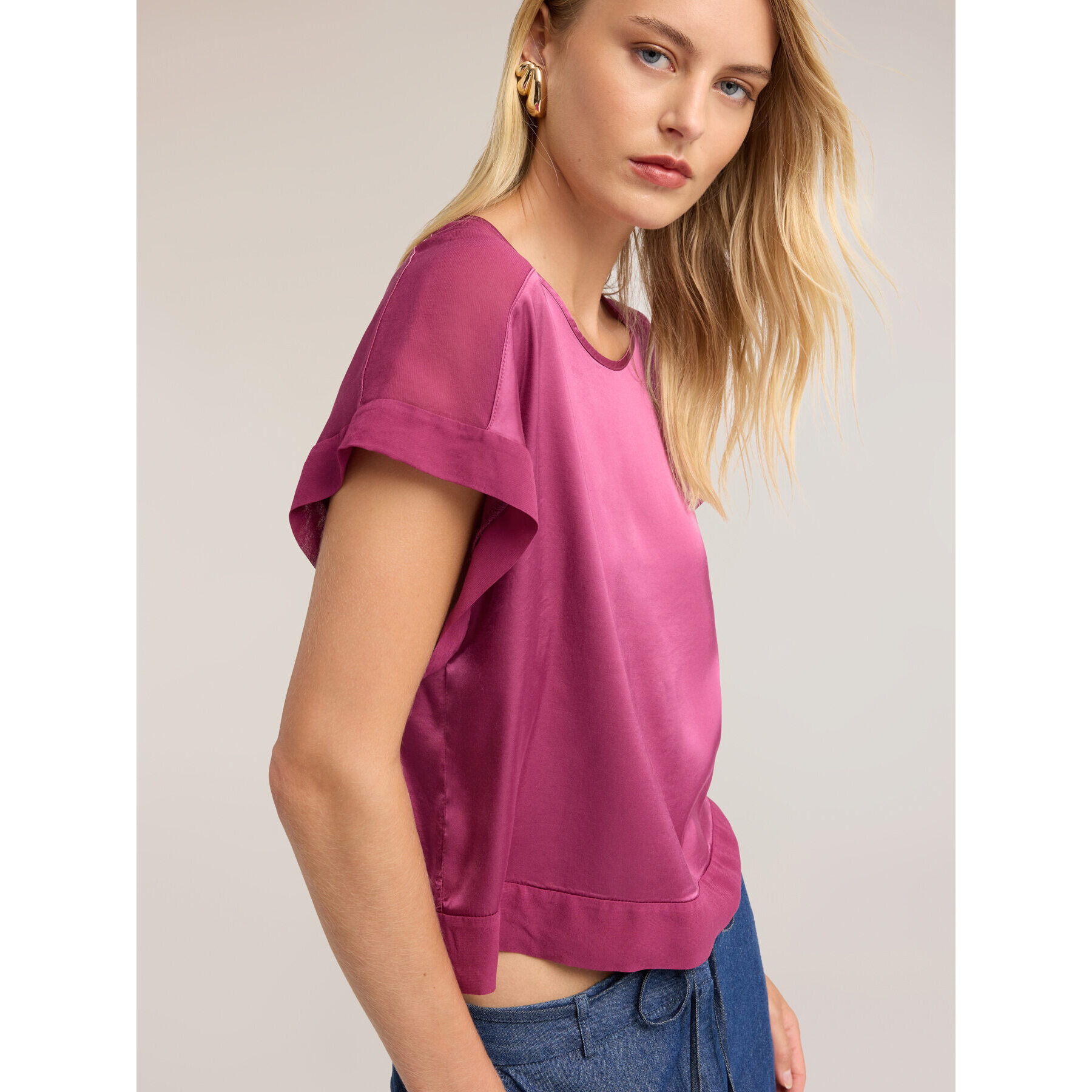 Motivi - Blusa de raso con escote barco - Fuchsia