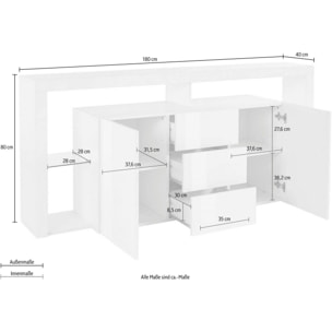 Credenza Ddapozz, Buffet da soggiorno a 2 ante e 3 cassetti, Madia da salotto, Credenza moderna, 100% Made in Italy, 180x40h80 cm, Bianco lucido