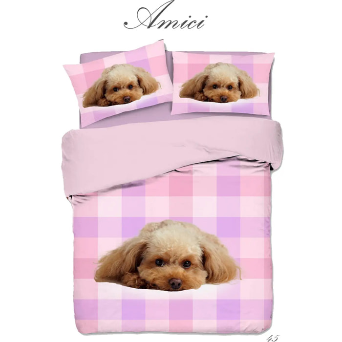 Parure Copripiumino Cagnolino 45 Rosa in Cotone 100% Made in Italy, Stampa Digitale HD
