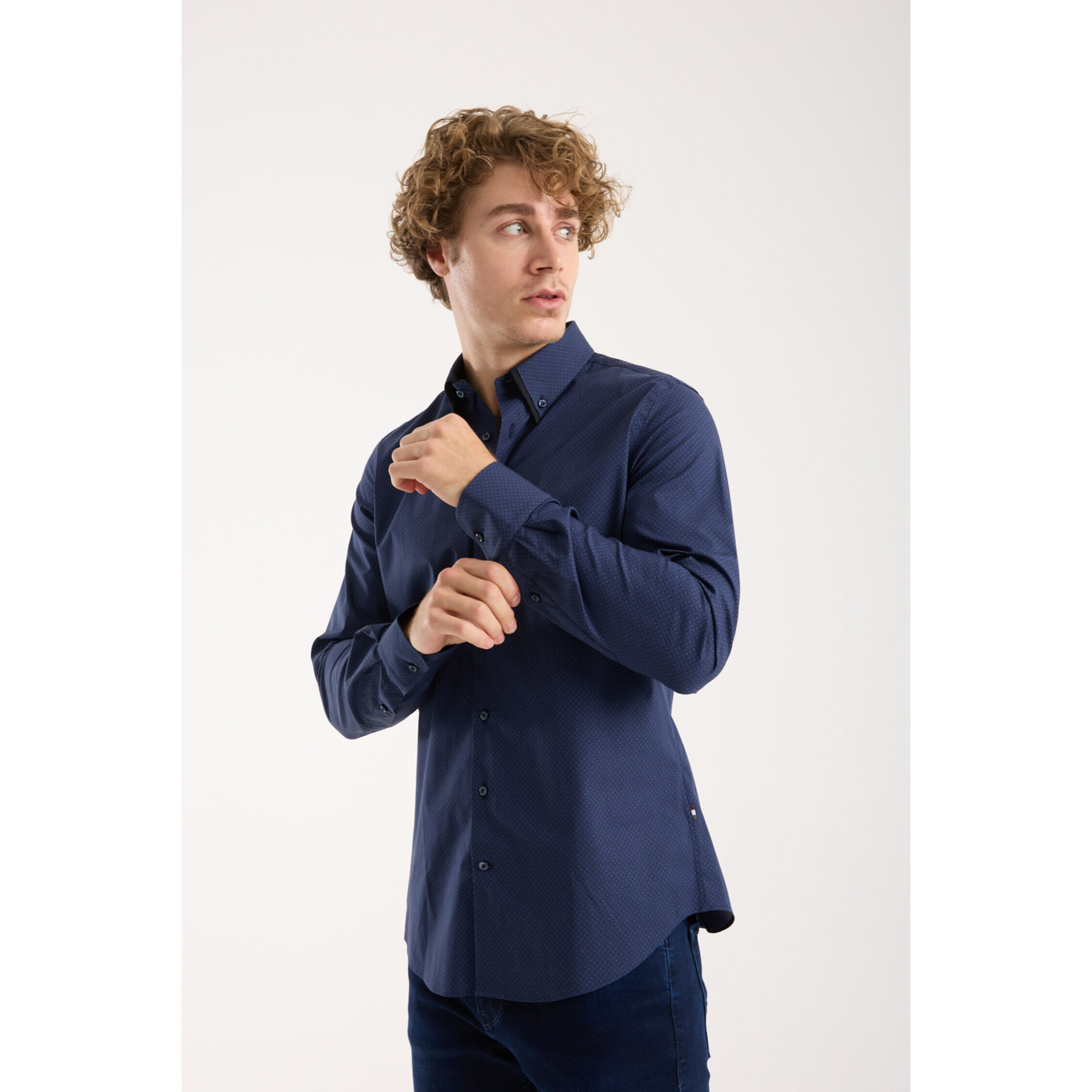 Camicia Uomo 2 Bottoni Button Down Doppio Coll Popeline Stretch Stampato Nero e Blu Scuro