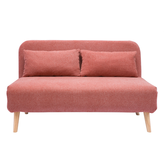 Chauffeuse 2 places convertible en tissu effet velours texturé terracotta et bois clair AMIKO
