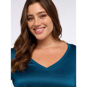 Fiorella Rubino - Camiseta bimatérica con escote en V y mangas largas - Petrol Blue