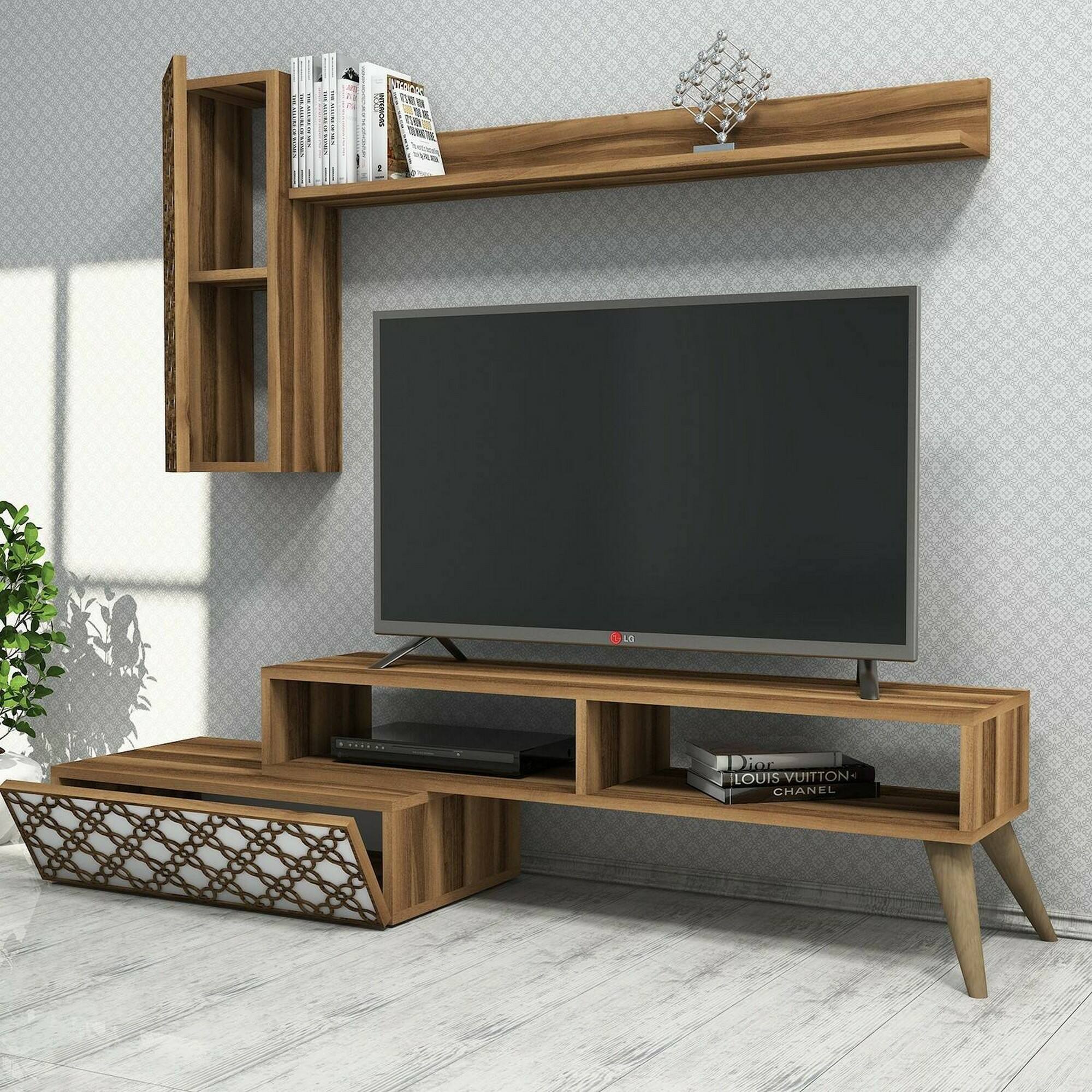 Parete attrezzata Dpinard, Composizione soggiorno, Mobile salotto multiuso, Armadio porta TV, 150x37h38 cm, Noce e Bianco