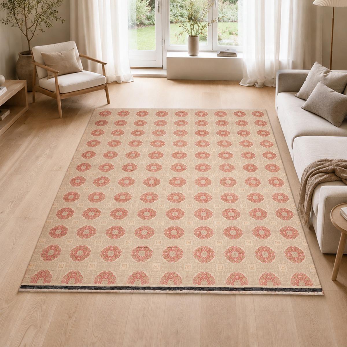 Tapis salon, motif nature floral, artisanal noué main en laine