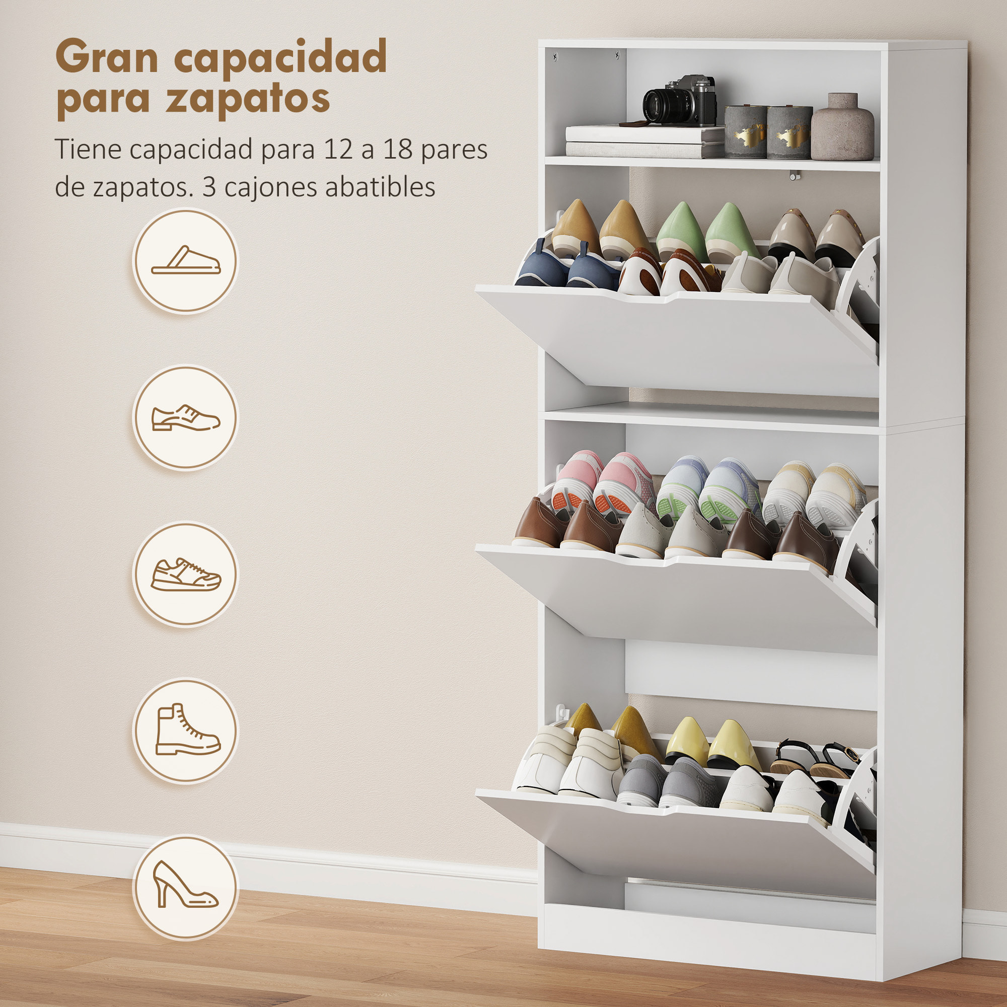 Zapatero Estrecho con 3 Cajones Abatibles, Zapatero Entrada Recibidor Alto con Estantes Ajustables y Compartimento Abierto, para 12-18 Pares de Zapatos, Blanco