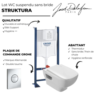 WC suspendu sans bride Jacob Delafon Struktura + abattant + Bâti support + Sail Plaque de commande WC rond chromé