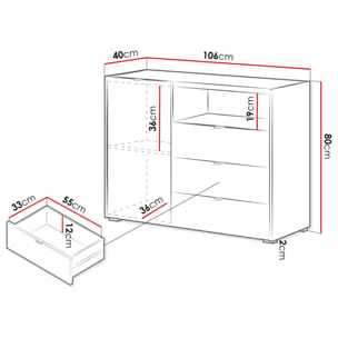 Judy - buffet bas 106 cm - 1 porte, 3 tiroirs et 1 niche - Bois