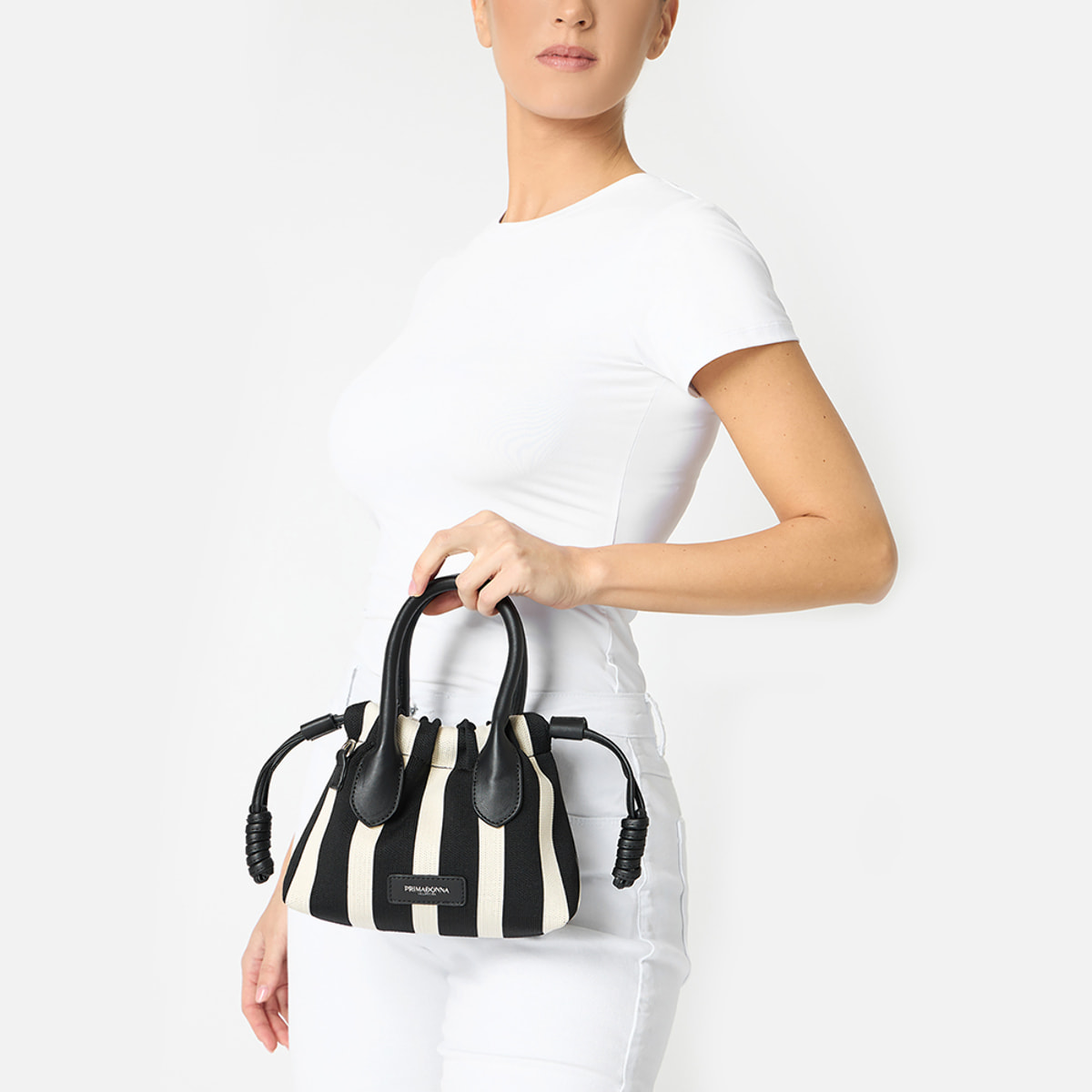 Mini bag donna nera e panna in canvas