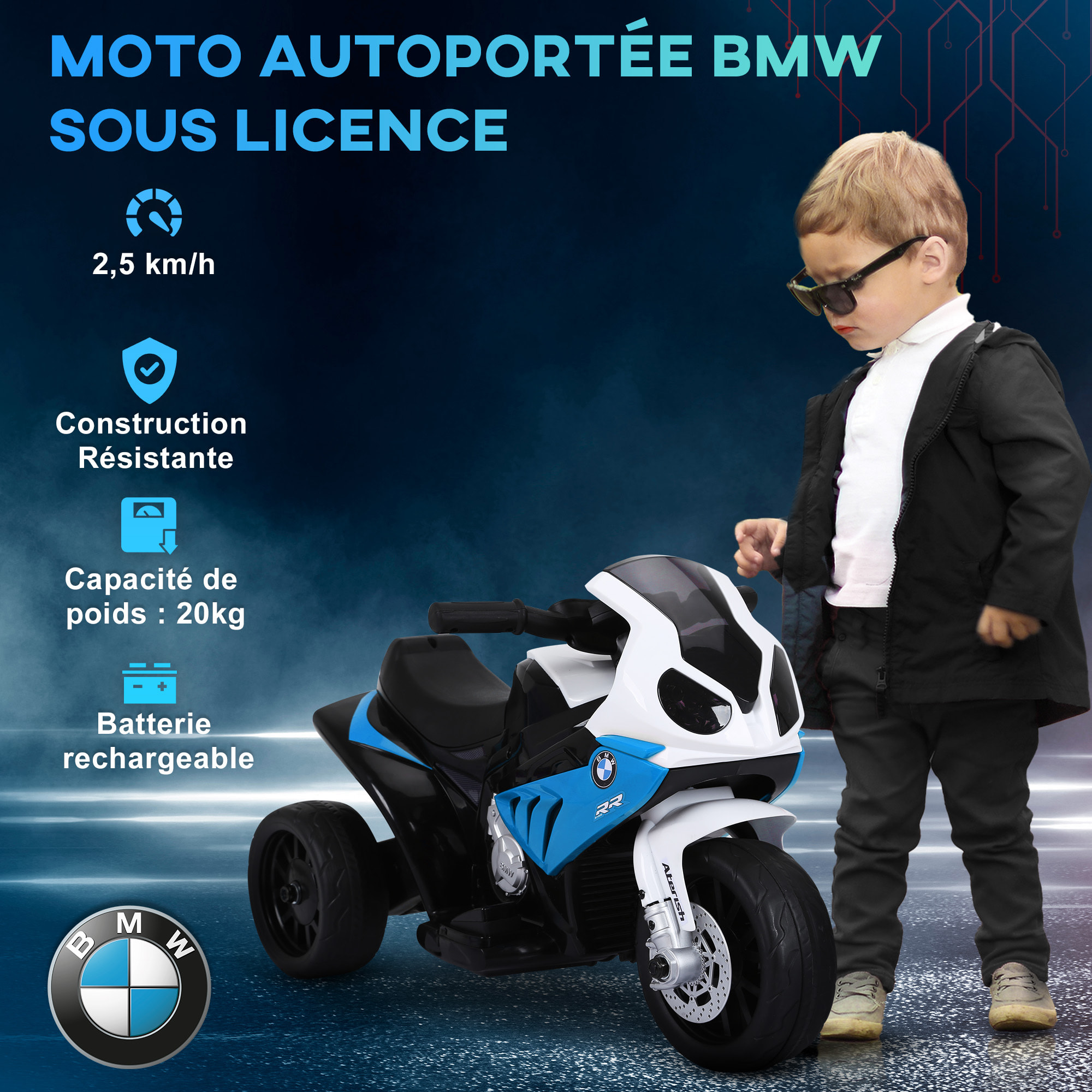 Moto électrique pour enfants 3 roues 6 V 2,5 Km/h effets lumineux et sonores bleu BMW S1000 RR