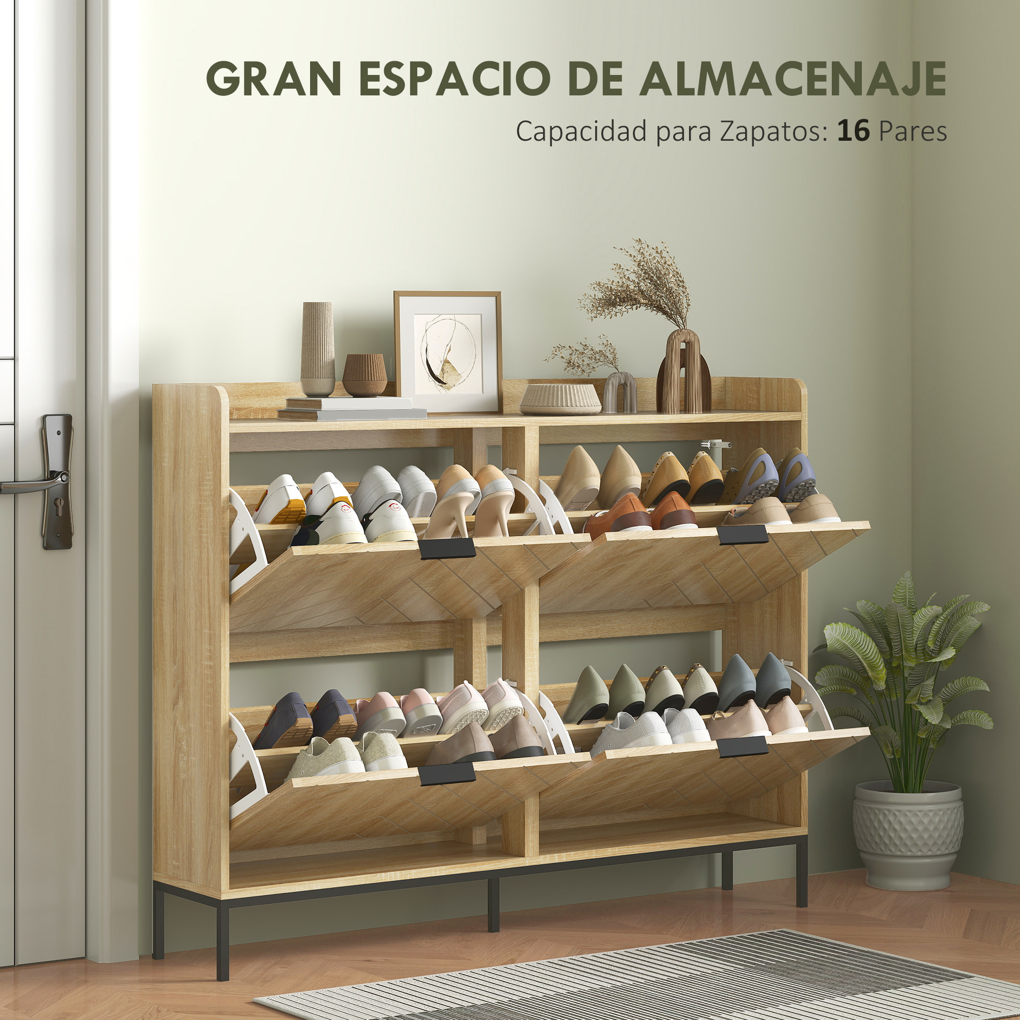 Zapatero Estrecho con 4 Puertas Abatibles Zapatero Entrada Recibidor con Estantes Ajustables para 16 Pares de Zapatos para Pasillo Espacios Reducidos 120x23,5x95,5 cm Roble