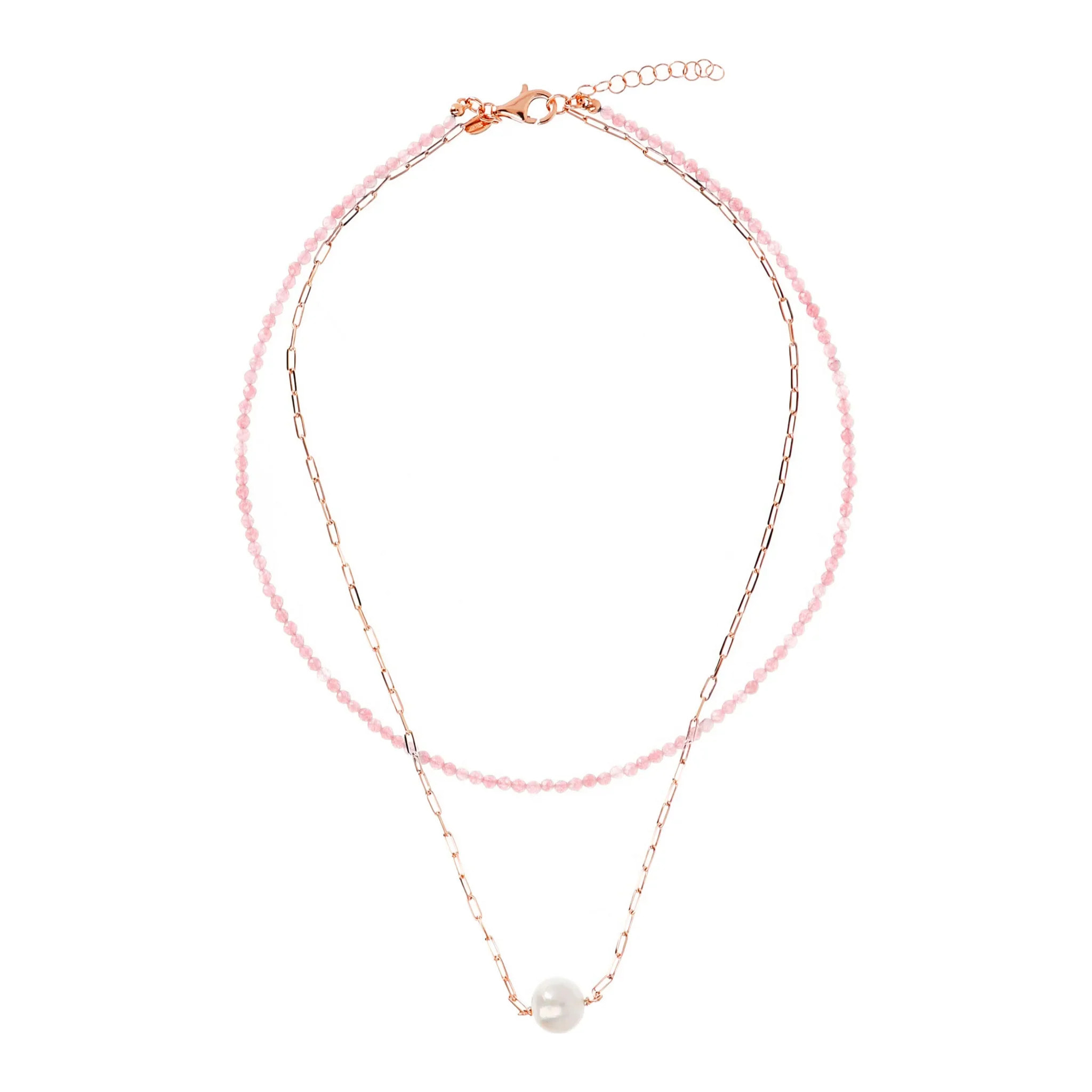 PERLAVIVA - Doppia Collana con Quarzite Rosa e Perla Ming Bianca Ø 11 mm in Argento 925 placcato Oro Rosa 18Kt