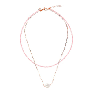 PERLAVIVA - Doppia Collana con Quarzite Rosa e Perla Ming Bianca Ø 11 mm in Argento 925 placcato Oro Rosa 18Kt