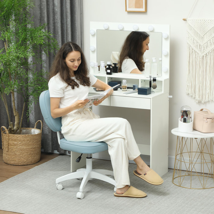 Silla de Escritorio Tapizada en PU Silla de Oficina Giratoria con Altura Ajustable sin Brazos Carga 120 kg para Estudio Dormitorio 46x59x82-92 cm Azul Claro