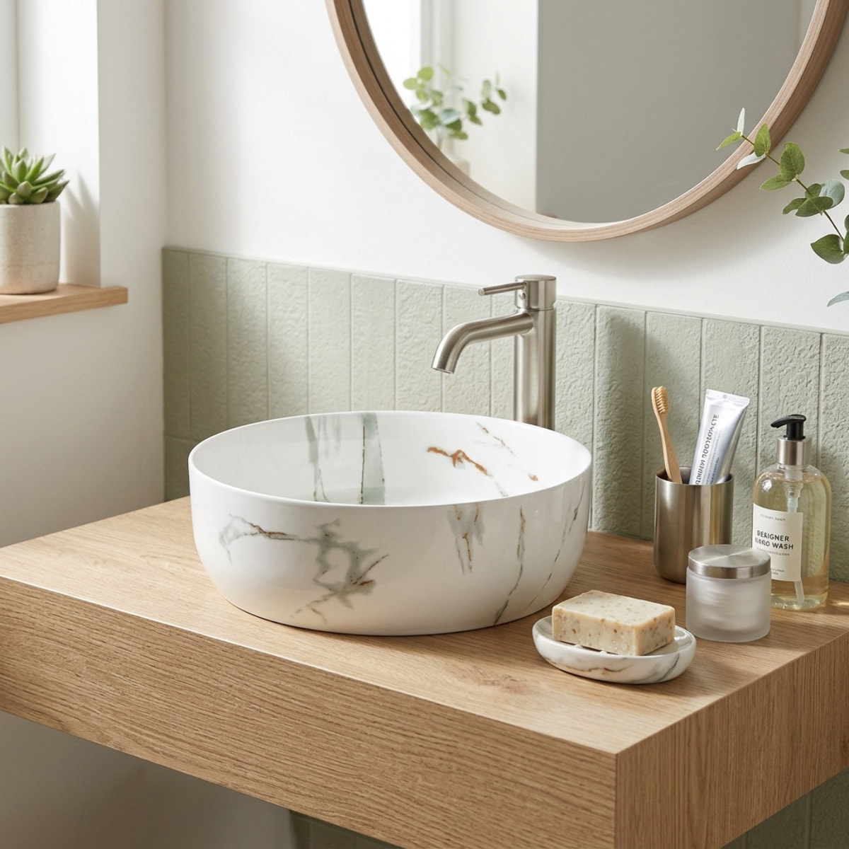 Vasque à poser ronde diamètre 39 cm - effet marbre blanc mat - sans trop-plein - SAT Infinitio