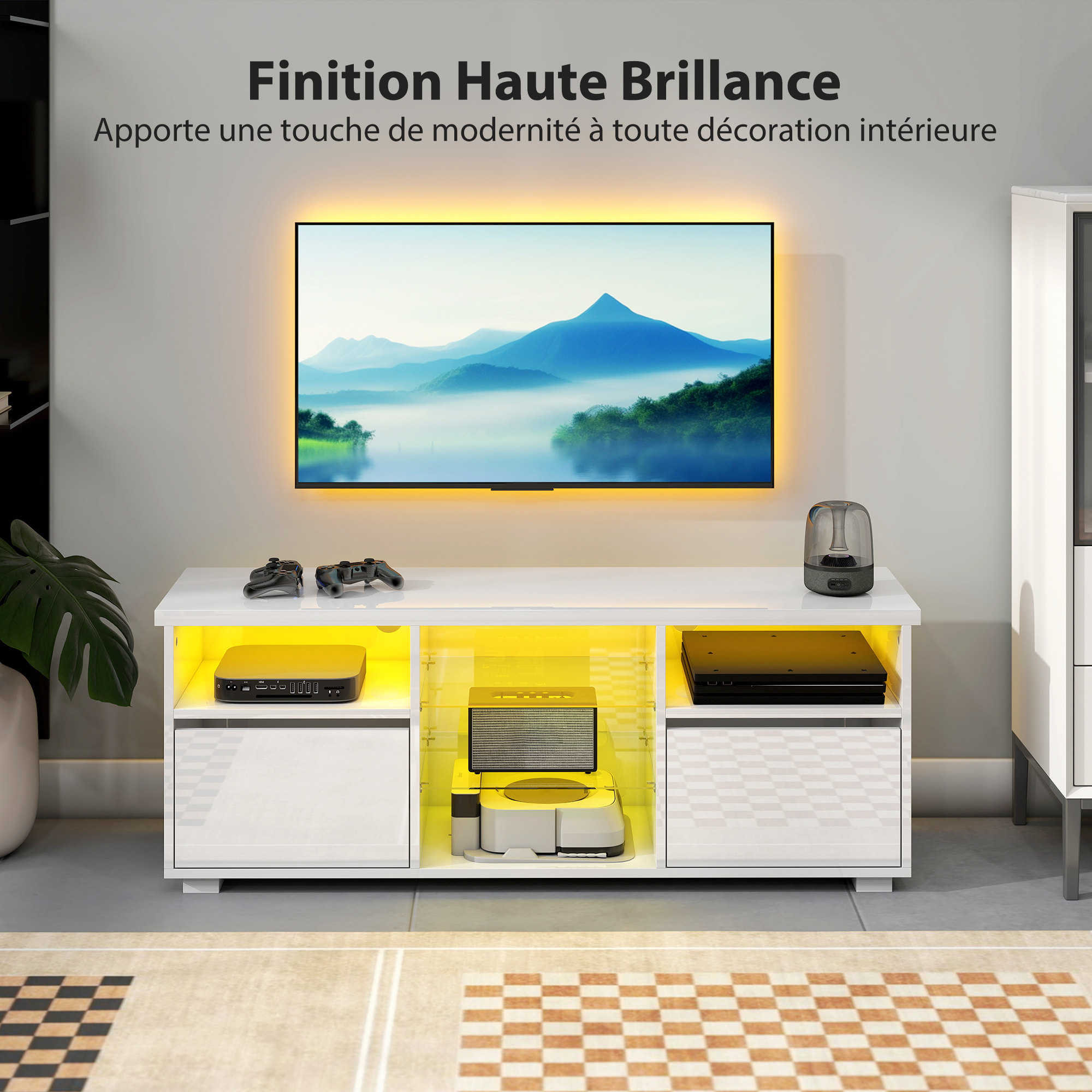 Meuble TV blanc laqué LED design multi-rangement dim. 120 x 34 x 45 cm