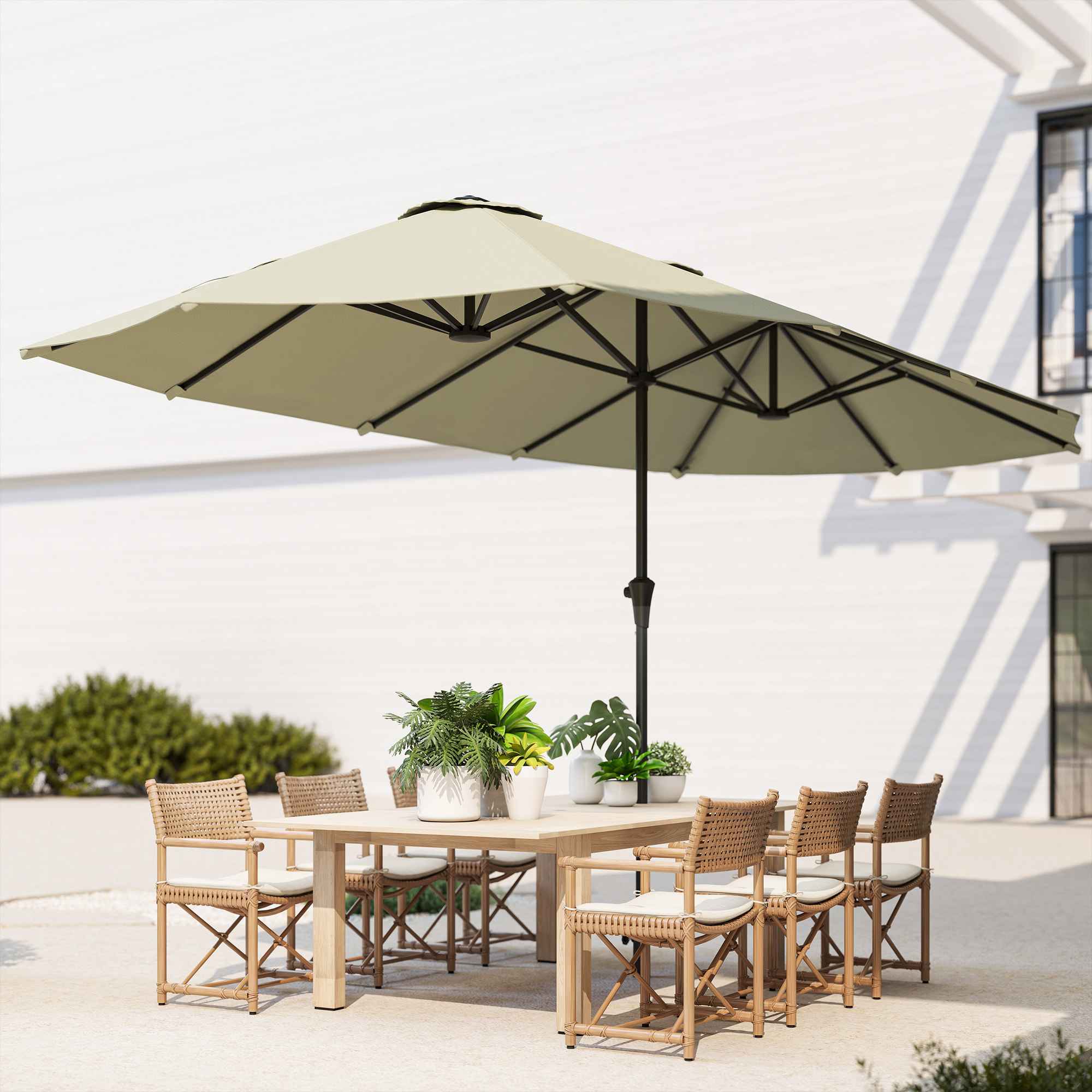 Parasol de jardin grande taille 4 x 2,2 x 2,3 m manivelle métal époxy tissu haute densité 180 g/m² blanc cassé