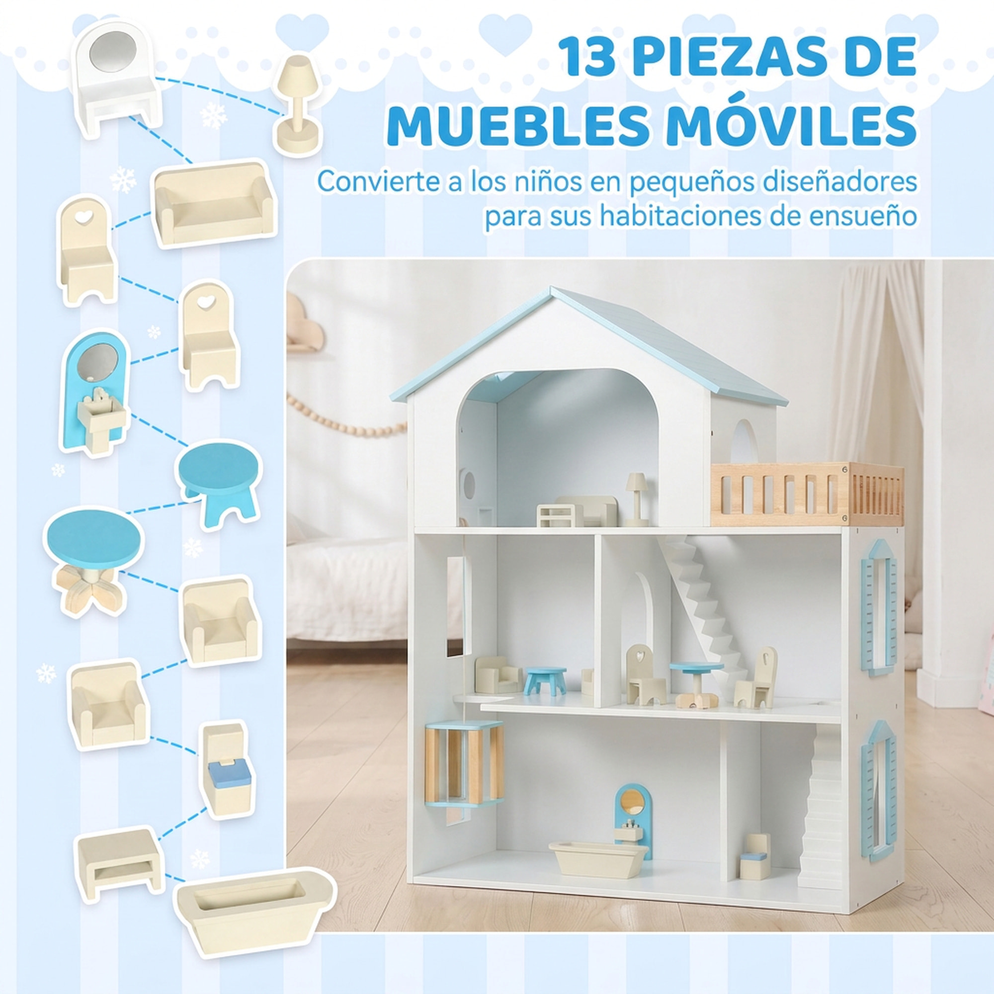 AIYAPLAY Casa de Muñecas de Madera de 3 Pisos con Ascensor y Balcón, 5 Habitaciones y 13 Muebles, Casita de Muñecas para Niñas, Juguete de Imitación para Niños de 3 a 6 Años, Azul