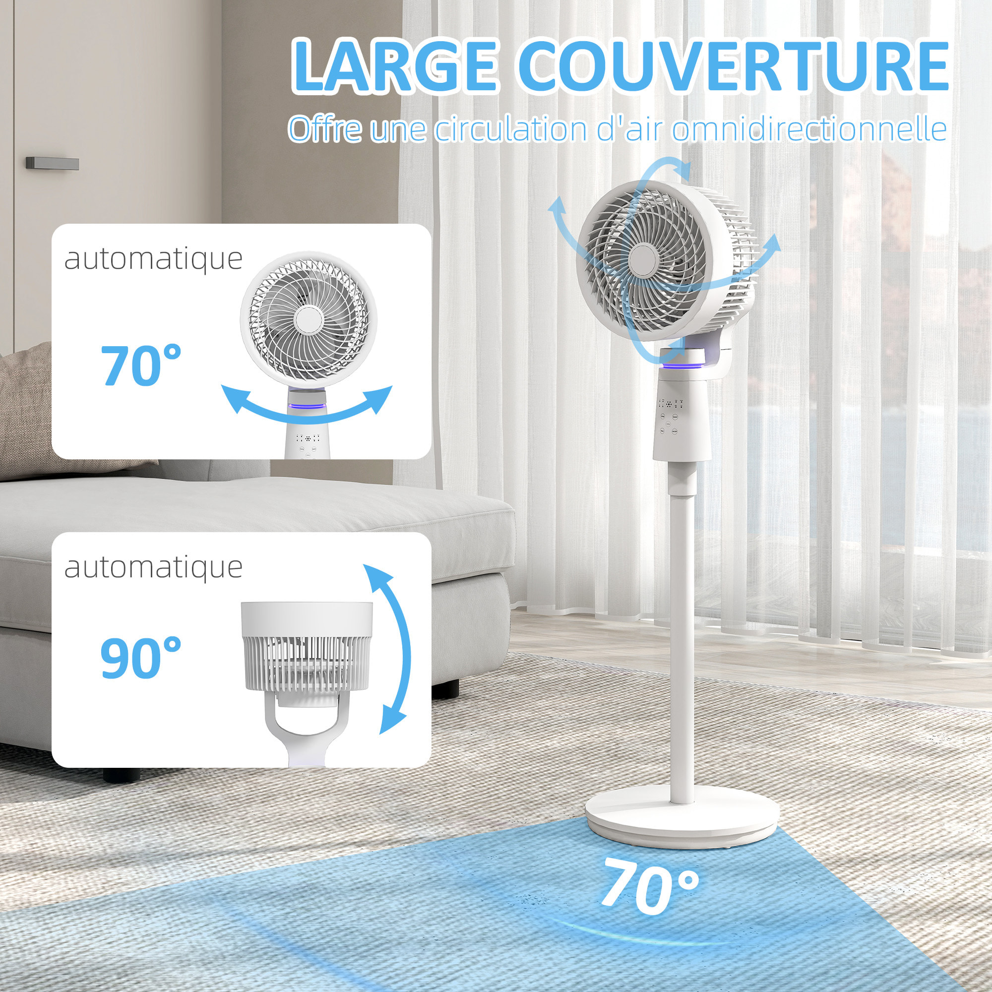 Ventilateur sur pied oscillant 40W 3 vitesses timer 7H télécommande blanc