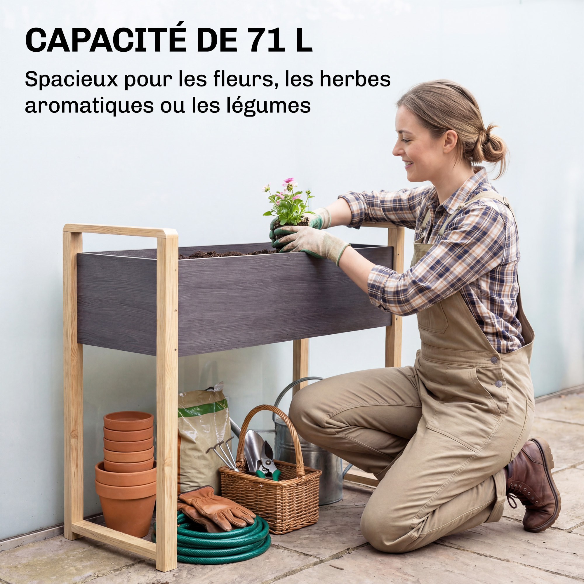 Jardinière design bicolore bois naturel et gris feutre drainage inclus