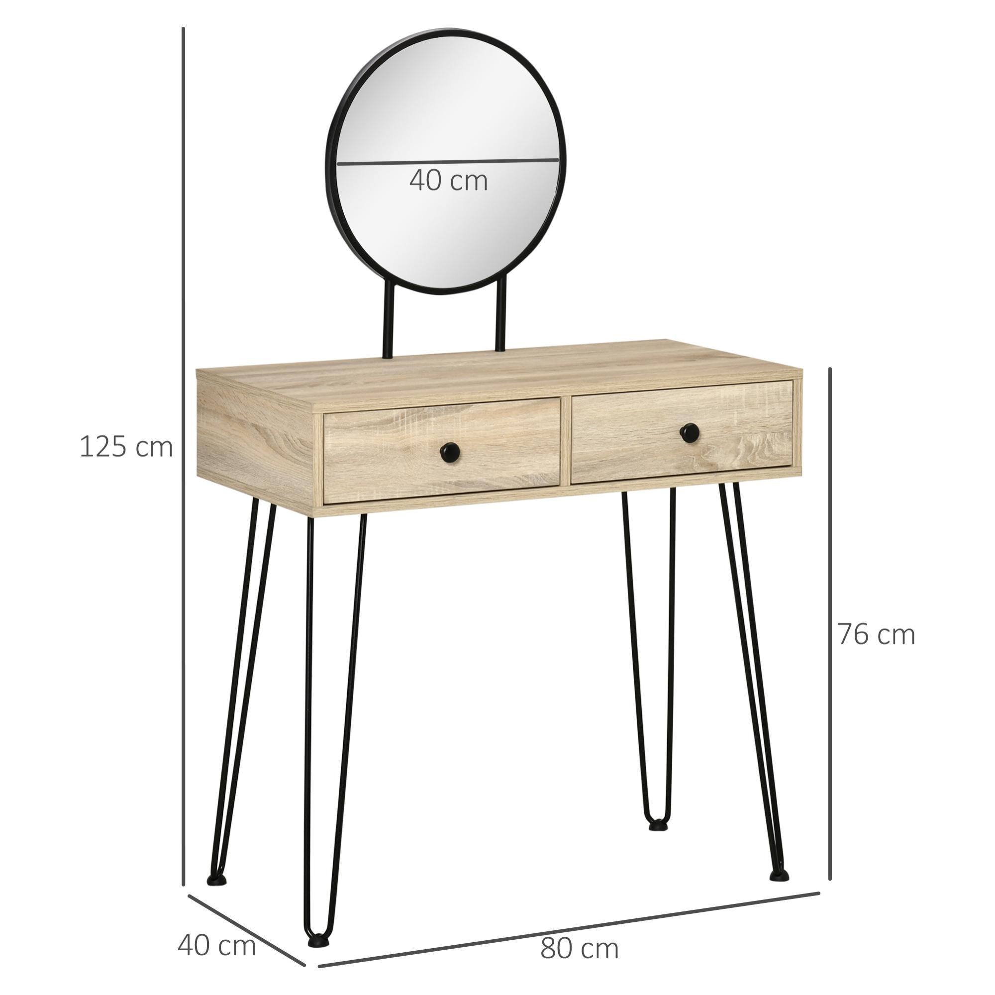 Tocador Mesa de Maquillaje con Espejo Redondo 2 Cajones y Patas de Metal Estilo Moderno para Dormitorio Vestidor 80x40x125 cm Roble