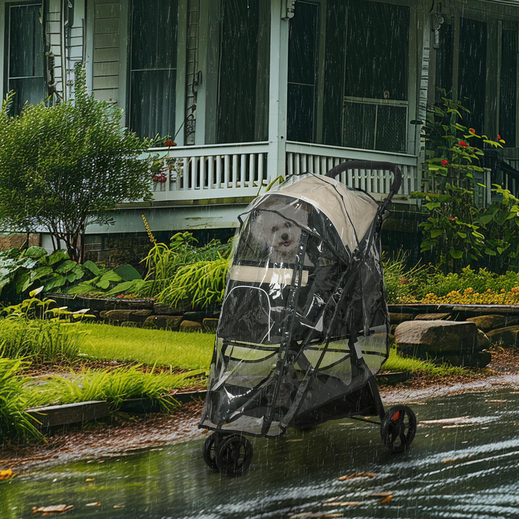 Carrito para Perros Plegable Cochecito para Mascotas Carrito para Perros Pequeños con Cesta de Almacenaje Ventana de Malla Cubierta para Lluvia y 2 Ruedas Universales 80,5x51,5x100 cm Caqui