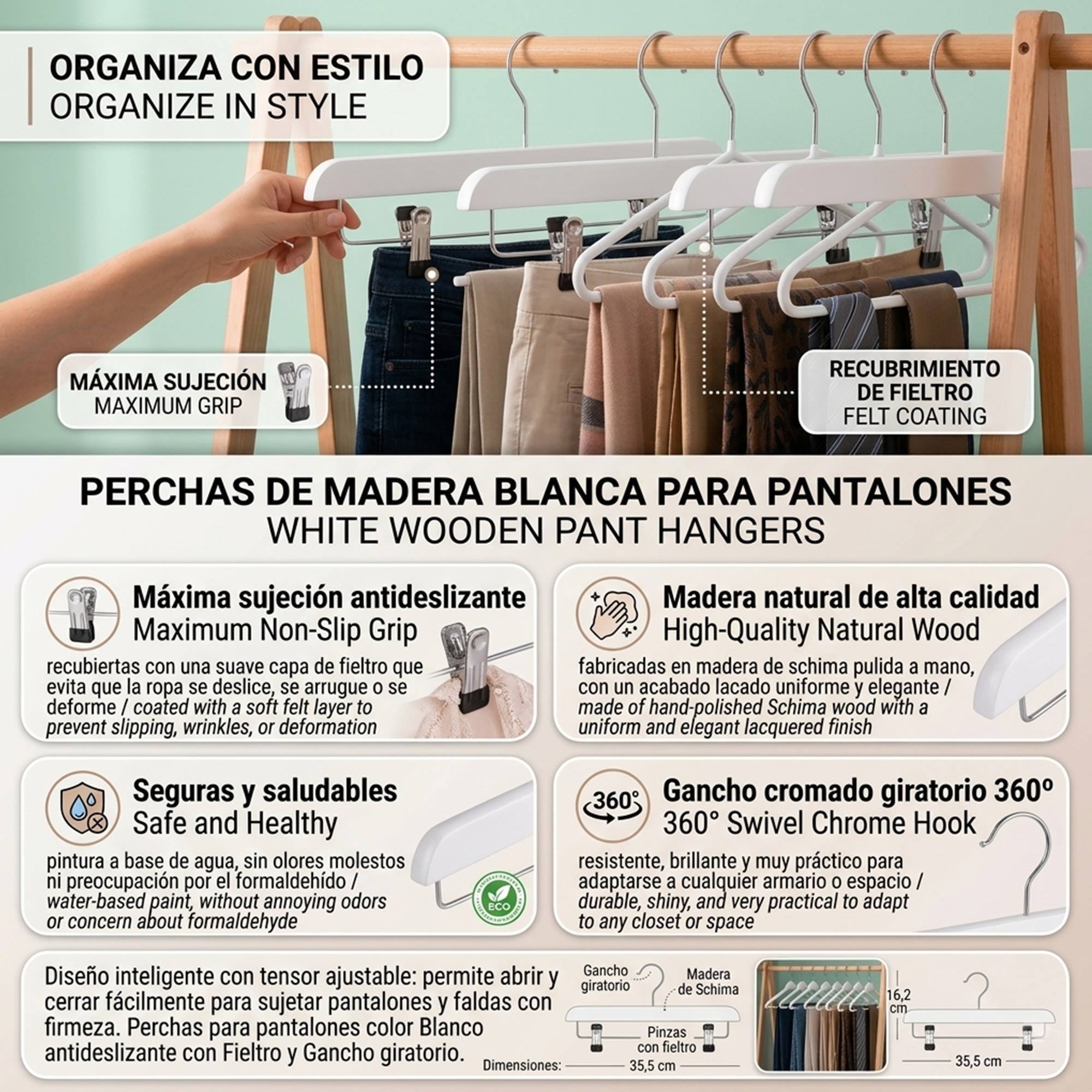 Set de perchas para pantalones - Acabado en madera antideslizante - Gancho giratorio - Color Blanco