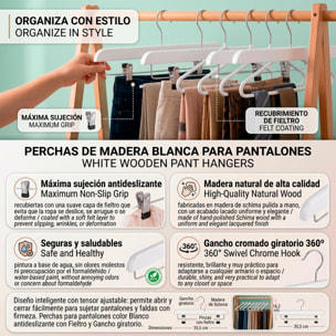 Set de perchas para pantalones - Acabado en madera antideslizante - Gancho giratorio - Color Blanco