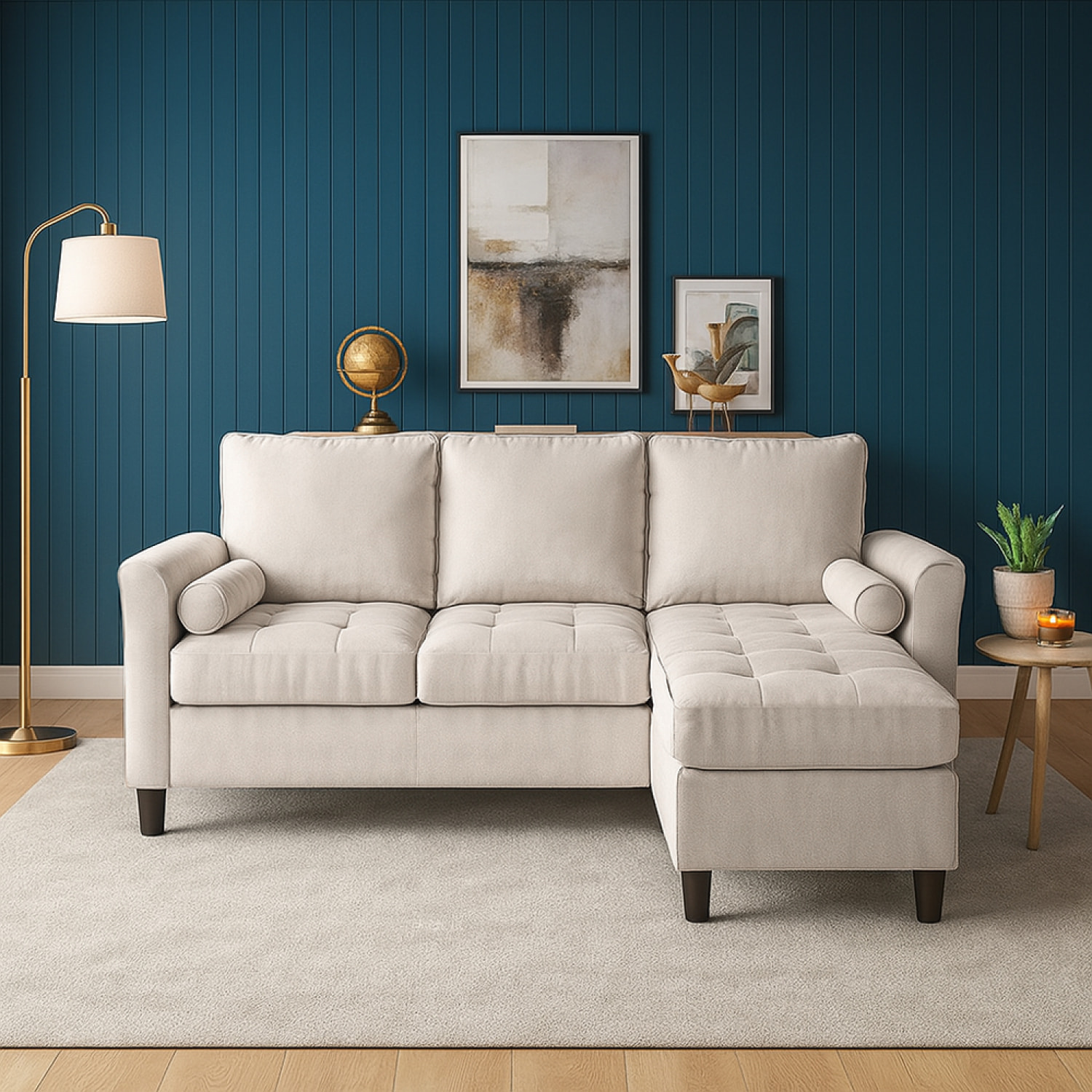 CHARLES - Canapé 3 places en tissu avec pouf beige