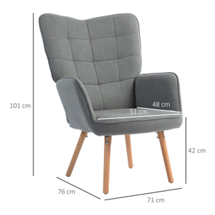 Sillón de Salón Moderno Butaca de Dormitorio con Respaldo Alto Reposabrazos Tela de Lino y Patas de Madera para Sala de Estar 71x76x101 cm Gris