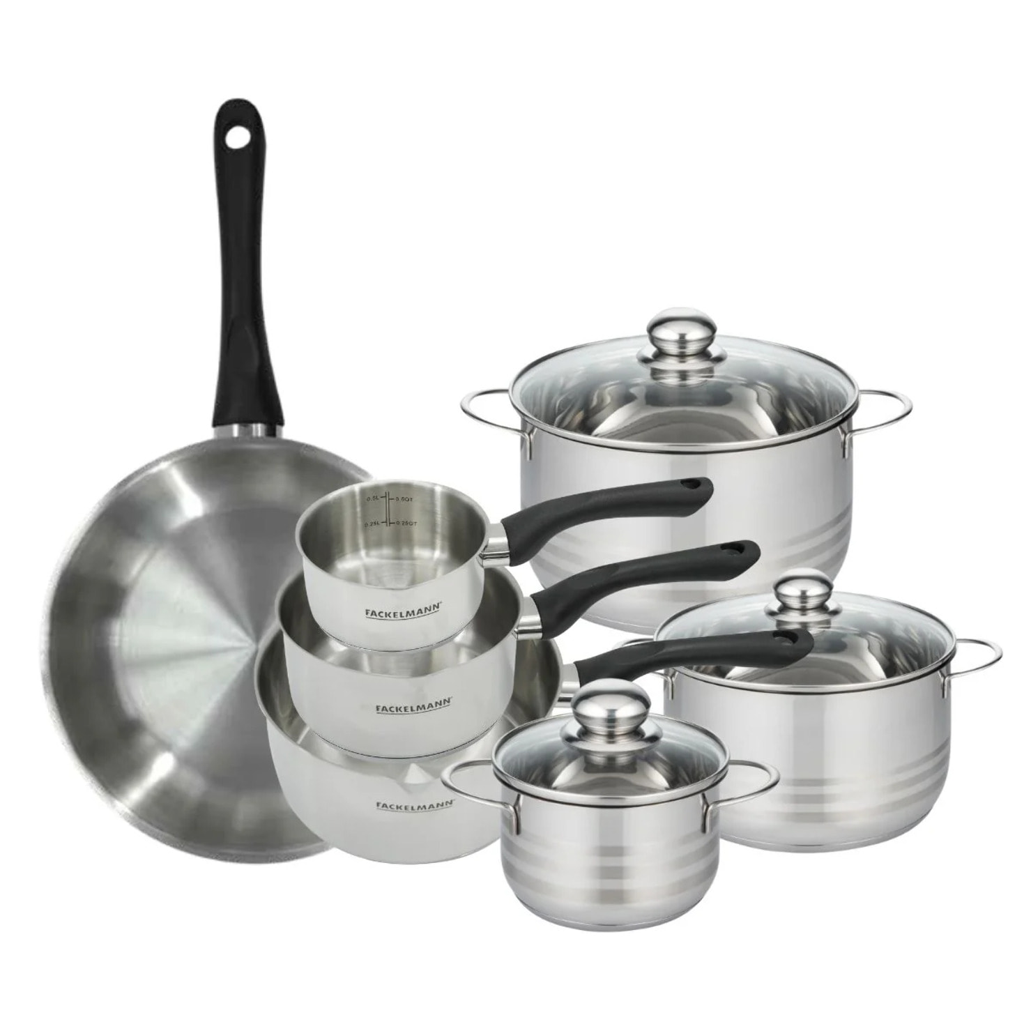 Set de 1 poêle, 3 casseroles 12 16 20 cm et 3 faitouts 16, 20 et 24 cm en inox Fackelmann Geneva