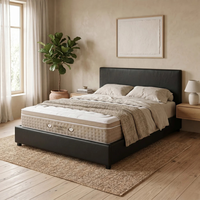 Ensemble matelas Bali & lit coffre Colisée | Mémoire de forme et ressorts ensachés | Grande capacité de stockage | Simili cuir | Noir