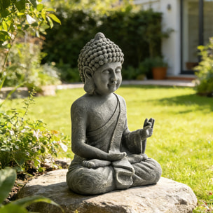 Statue de jardin bouddha assis effet pierre gris