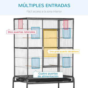 Jaula para Pájaros con Ruedas 81x48x162,5 cm Pajarera Metálico con Bandeja 4 Perchas 4 Comederos y Estante de Almacenamiento para Periquitos Canarios Negro y Gris