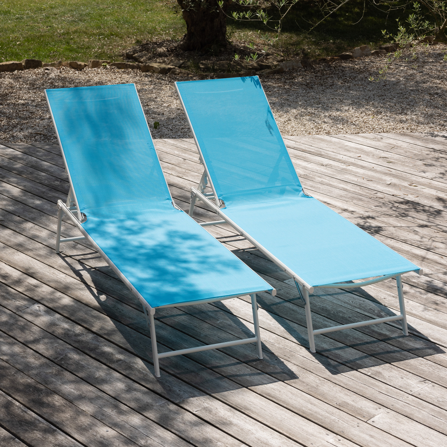 Lot de 2 bains de soleil pliants SICILIA en textilène bleu - structure blanche