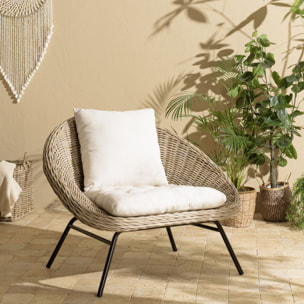 KALLY - Fauteuil lounge en kubu coussin d'assise blanc pieds métal noir