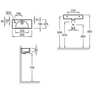 Lave-mains compact 50 cm Odéon Rive Gauche 1 trou de robinetterie à gauche caramel satiné