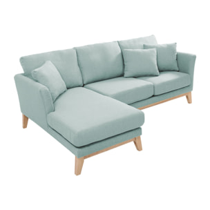 Canapé d'angle gauche déhoussable scandinave en tissu vert lagon et bois clair 3-4 places OSLO