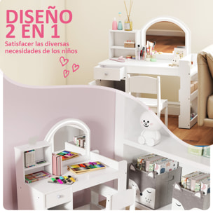 Tocador de Maquillaje Niña, Tocador Infantil con Taburete y Espejo con Luces LED, 1 Cajón, Armario y 5 Estantes, para Niños de 3 a 8 Años, Blanco